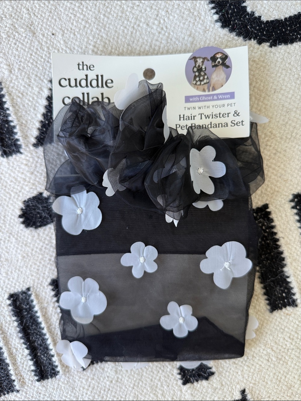 The Cuddle Collab Black Floral Hair Twister & Pet Bandana Set